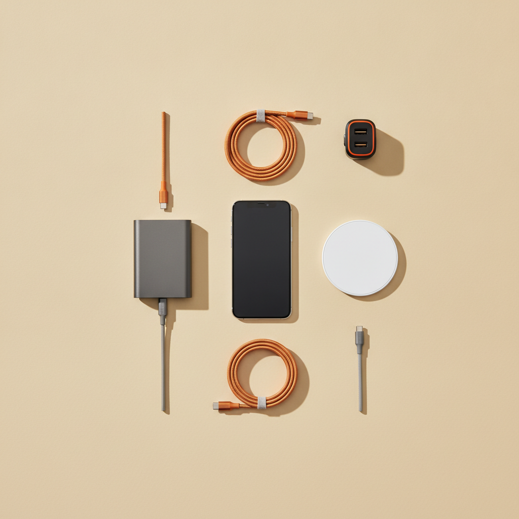 Flatlay mit Handy-Reisezubehör: Powerbank, USB-C Kabel, Ladegerät und Wireless-Pad