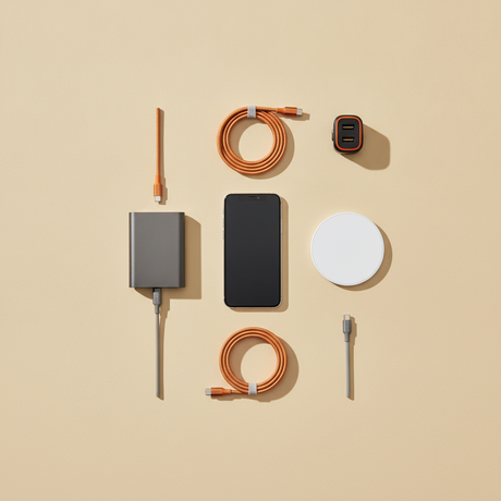Flatlay mit Handy-Reisezubehör: Powerbank, USB-C Kabel, Ladegerät und Wireless-Pad