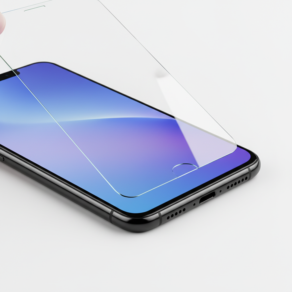 Smartphone-Displayschutz wird auf ein Handy aufgelegt