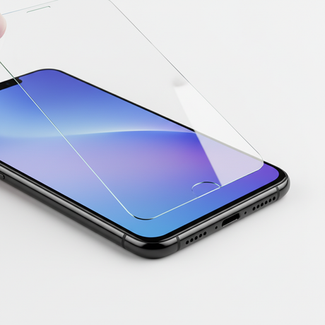 Smartphone-Displayschutz wird auf ein Handy aufgelegt