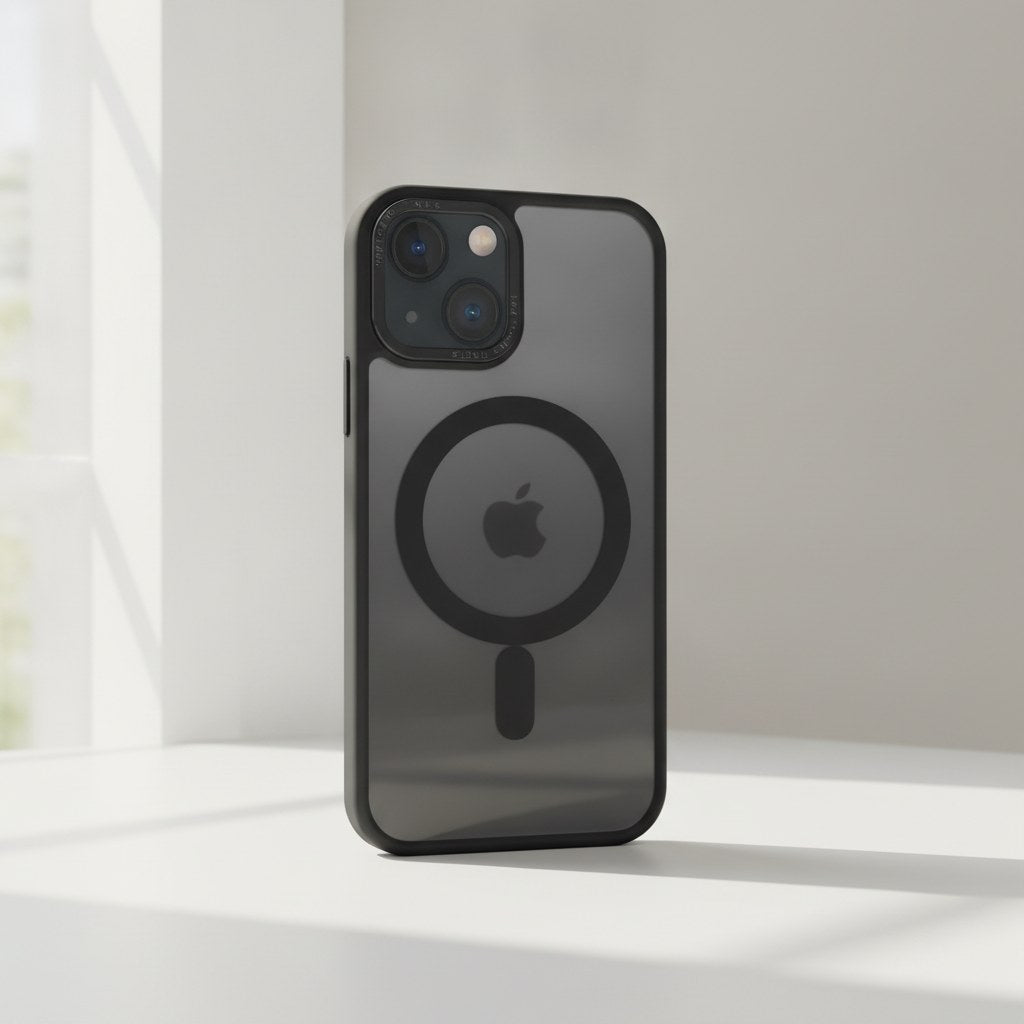 iPhone 13 mit schwarzer MagSafe Hülle Matt Transparent auf hellem Sideboard
