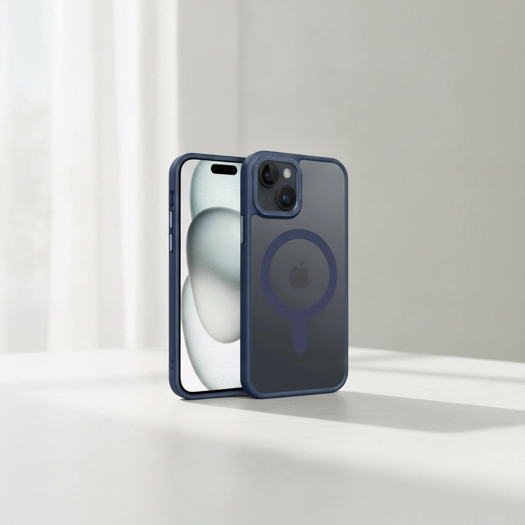 iPhone 15 mit MagSafe Hülle Matt Transparent in Blau auf hellem Schreibtisch