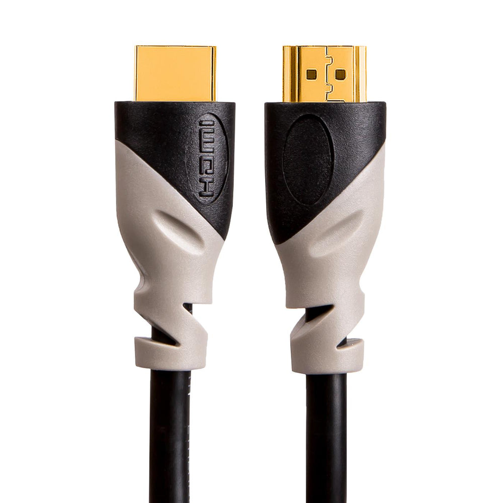 Zwei schwarze HDMI-Kabelenden mit goldfarbenen Steckern und grau-schwarzen Kunststoffgehäusen, frontal.