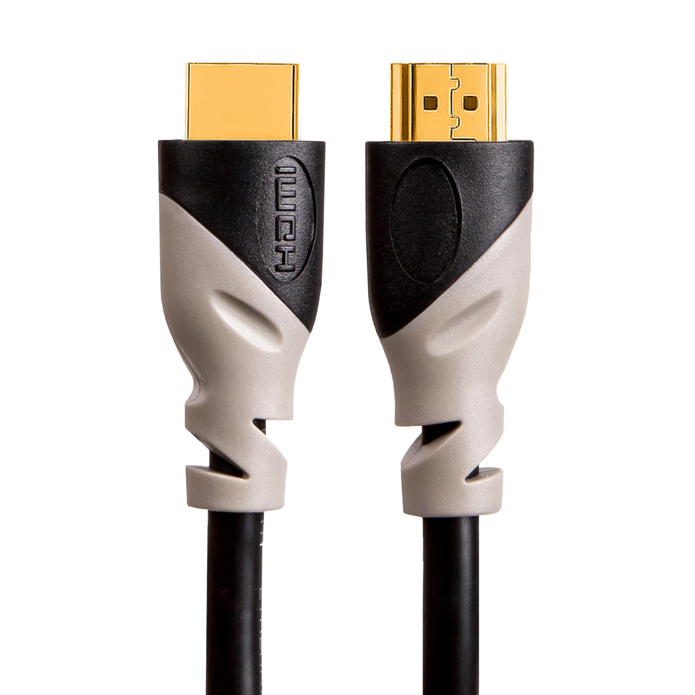 Zwei schwarze HDMI-Kabelenden mit goldfarbenen Steckern und grau-schwarzen Kunststoffgehäusen, frontal.