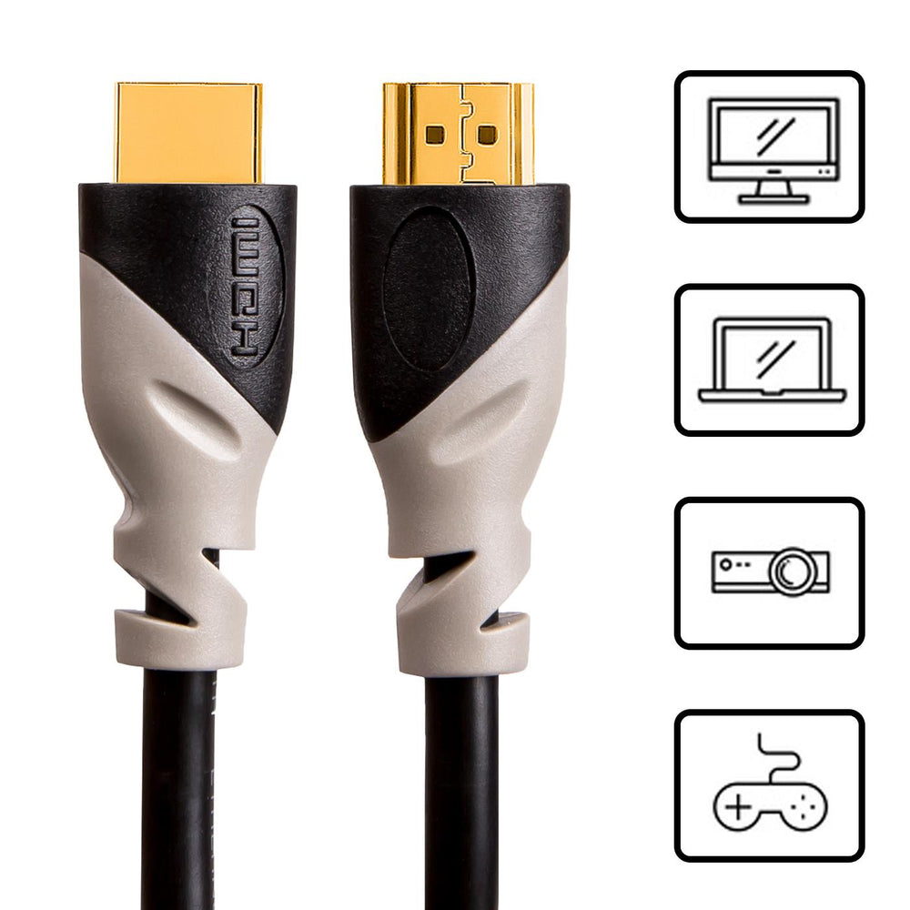 Zwei schwarze HDMI-Kabel mit goldfarbenen Steckern und grauen Knickschutztüllen, frontale Ansicht.