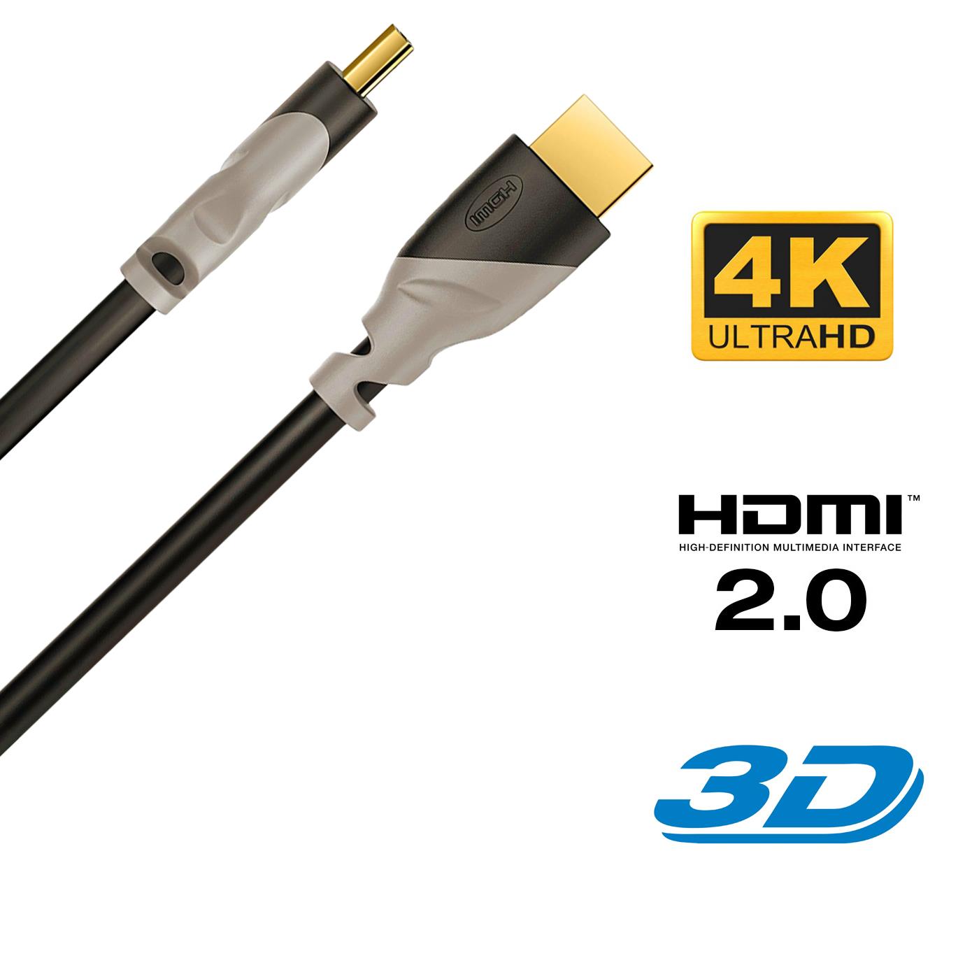 Schwarzes HDMI-Kabel mit grauen und goldenen Akzenten, schräg von oben. Ein Ende ist ein HDMI-Stecker.