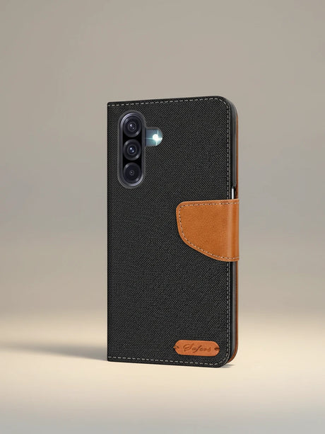 Samsung Galaxy Textil Klapphülle mit Canvas-Stoff auf warmgrauer Fläche — Textil Wallet Kategorie bei CoolGadget