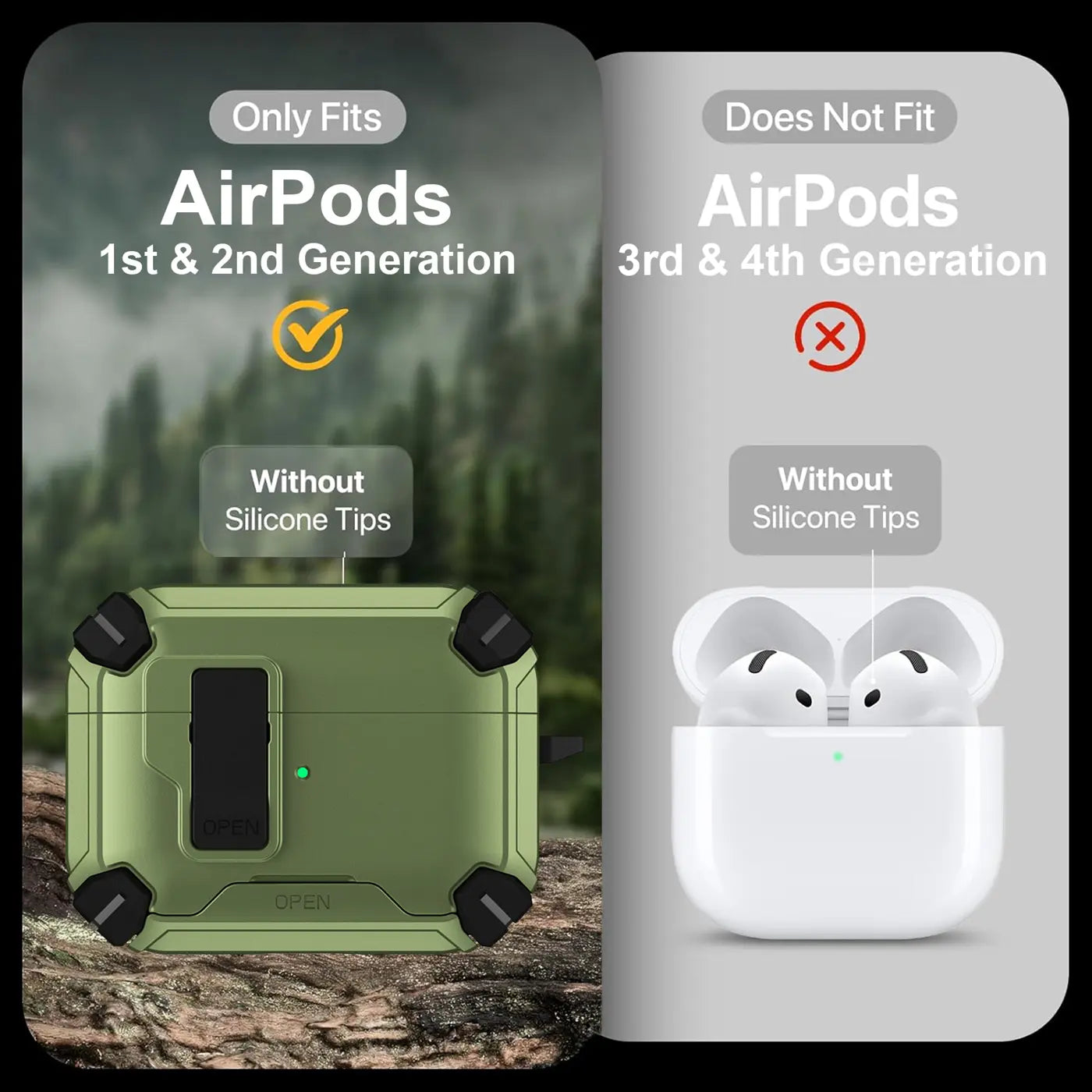 Olivgrüne Defender Hülle für AirPods 1/2 mit Karabiner, von vorne auf Felsen, daneben weiße AirPods 3/4.