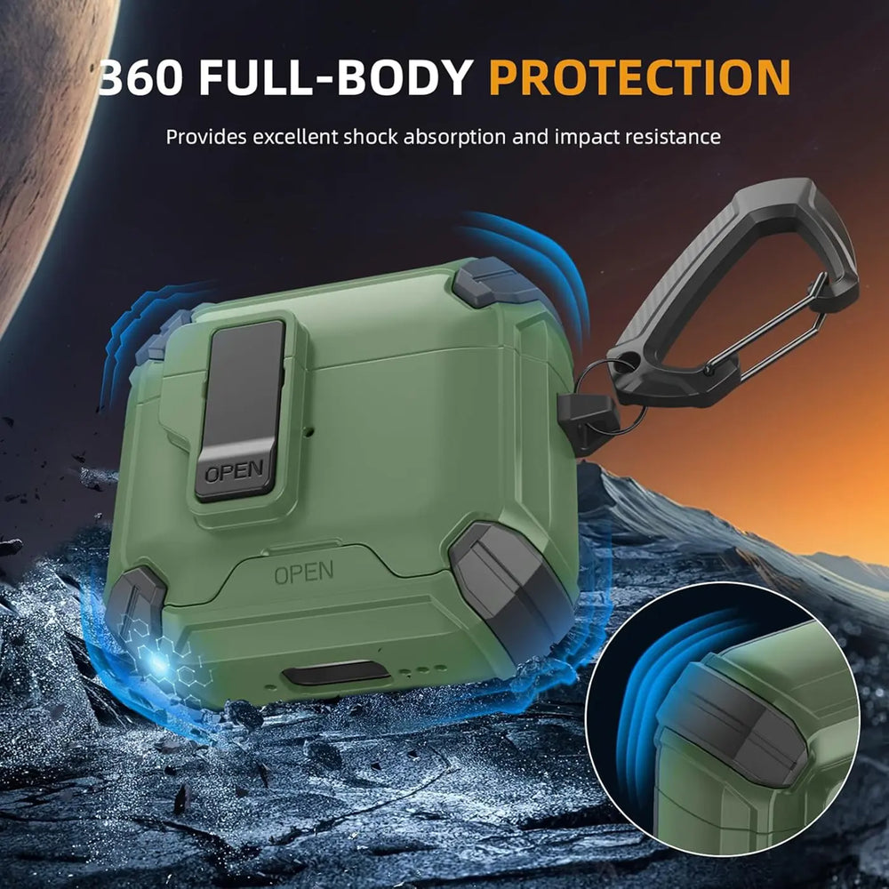 Schutzhülle für AirPods 1 / 2 mit stoßfestem Gehäuse, Karabiner und Standfunktion - ideal für Alltag und unterwegs