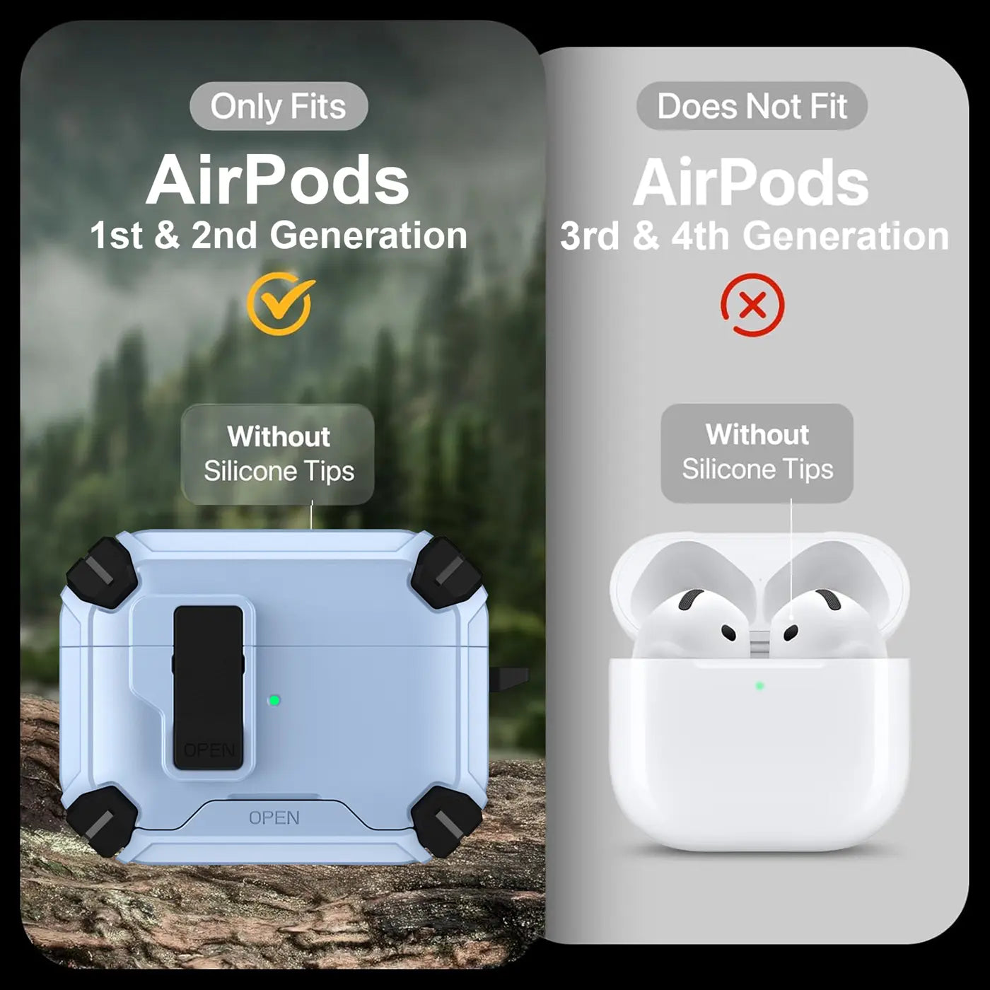Hellblaue, robuste AirPods 1/2 Hülle aus Kunststoff mit schwarzem Karabinerhalter, schräg von oben auf Waldboden.