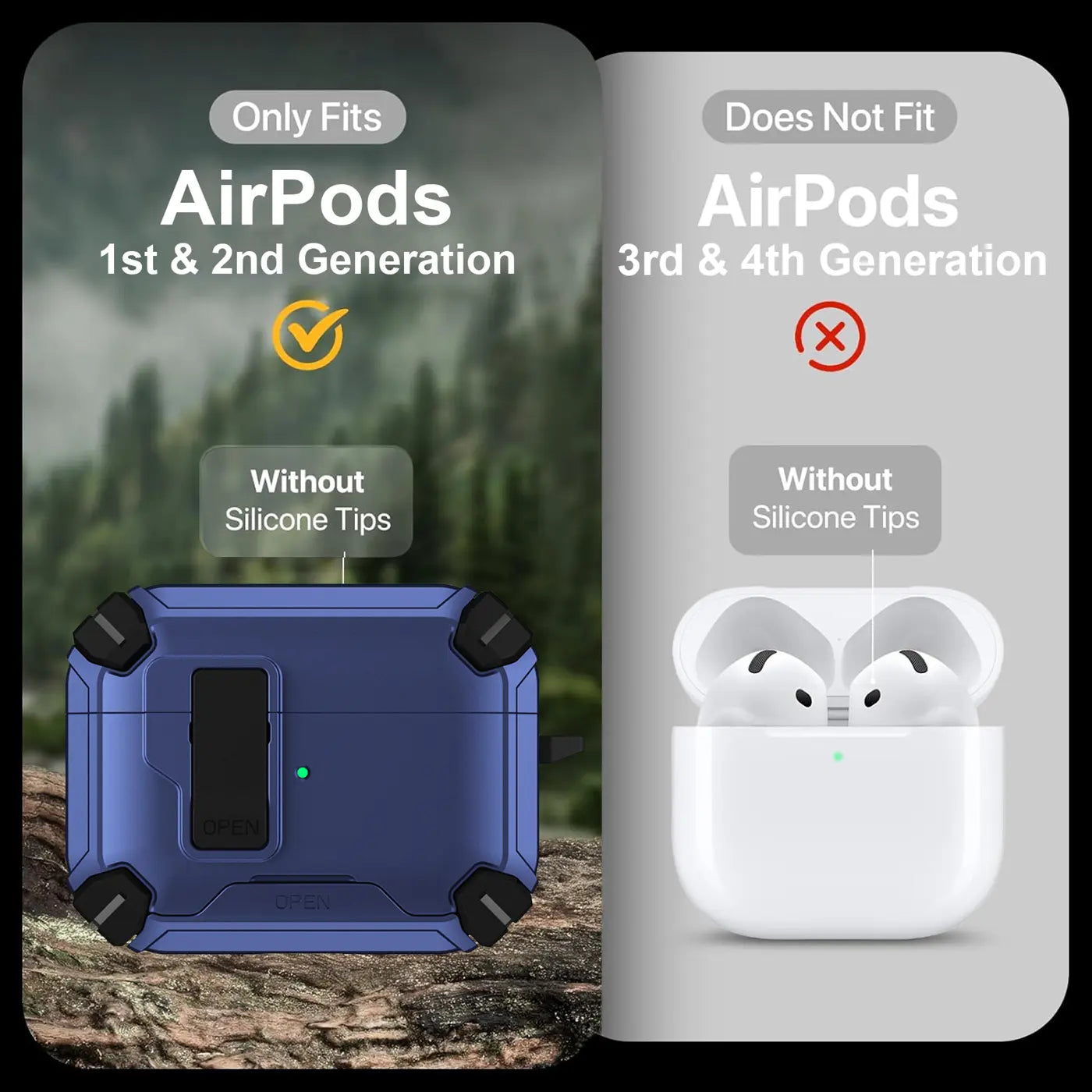 Blaue, robuste Kunststoff-AirPods 1/2 Hülle mit Karabinerhalterung, von vorne auf Felsen, daneben weiße AirPods 3/4.