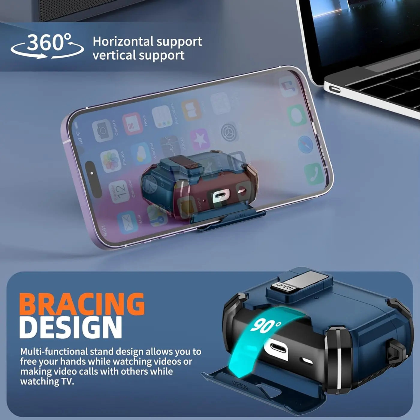 Dunkelblaue AirPods 1/2 Defender Hülle mit Karabiner, als Handy-Ständer für ein iPhone genutzt, schräg von oben.