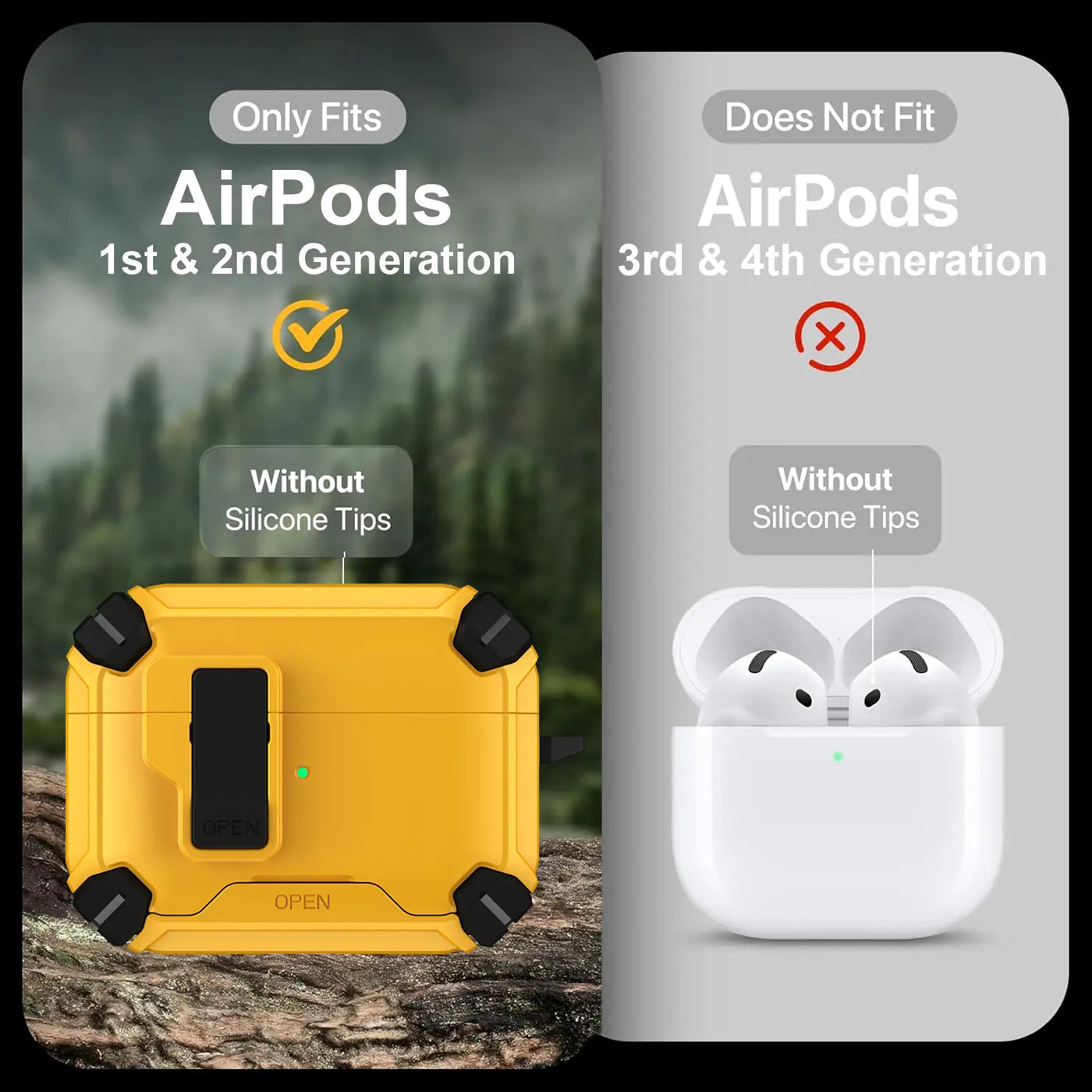 Gelbe, robuste AirPods 1/2 Hülle mit Karabinerhalterung, schräg von oben, auf Waldboden; daneben weiße AirPods 3/4.