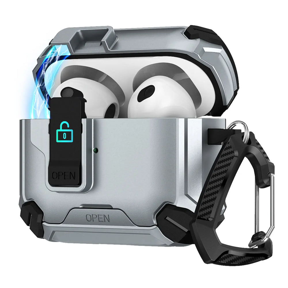 Schutzhülle für AirPods 1 / 2 mit stoßfestem Gehäuse, Karabiner und Standfunktion - ideal für Alltag und unterwegs