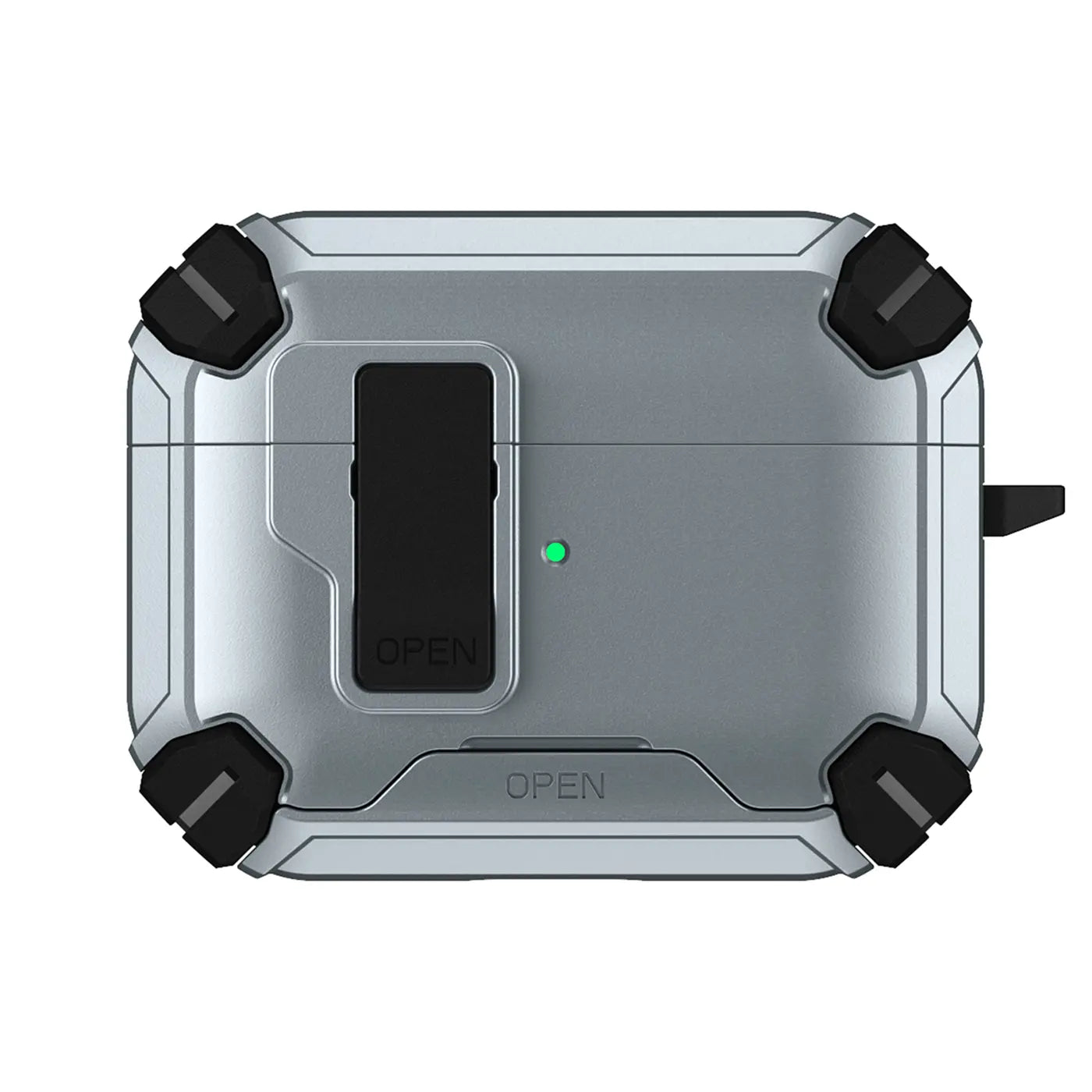 Silberne AirPods Defender Hülle aus Kunststoff mit schwarzen Akzenten, von oben gesehen. Grüne LED leuchtet.
