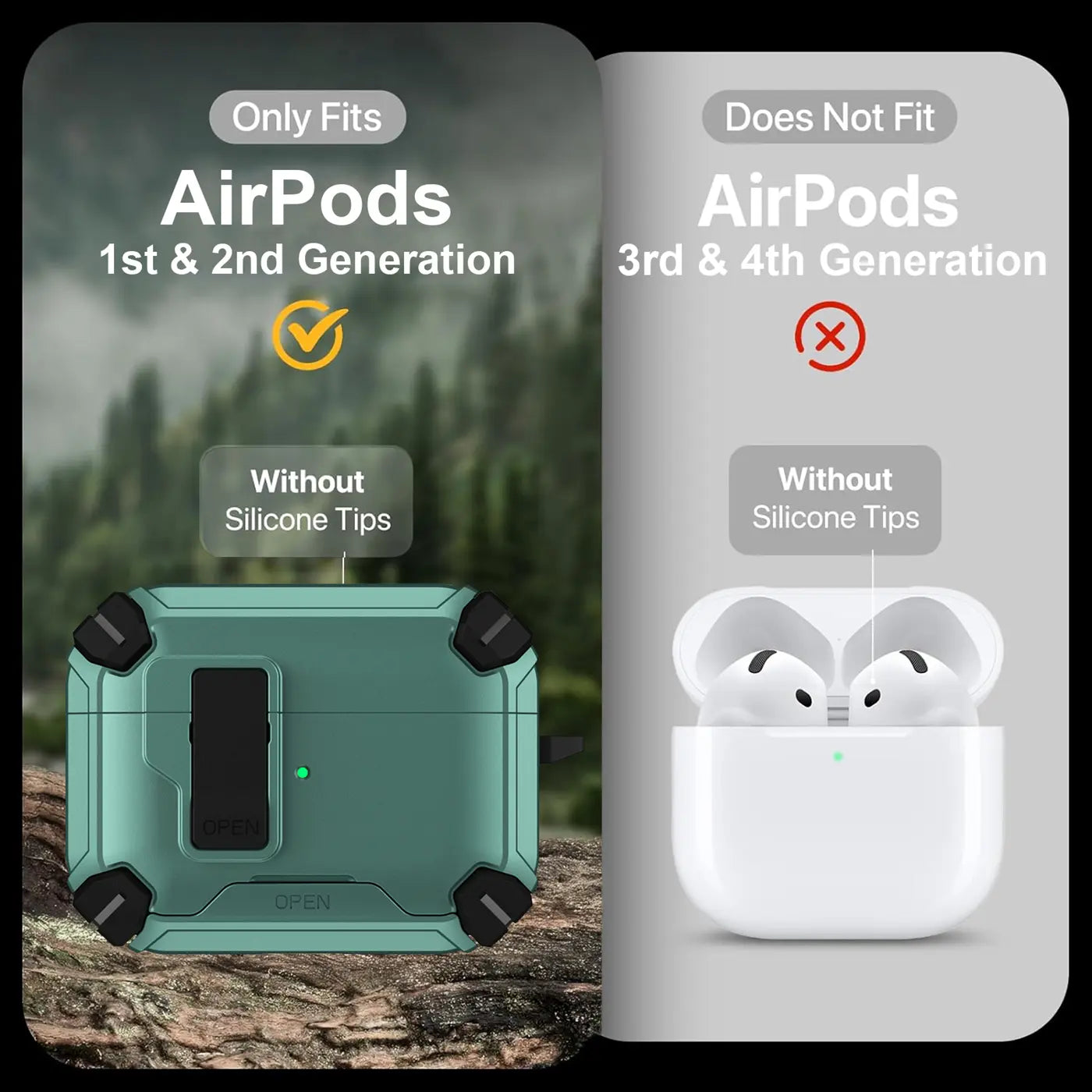 Grüne Defender Hülle für AirPods 1/2 (ohne Silikon-Tips) von vorne; daneben weiße AirPods 3/4 (ohne Silikon-Tips).