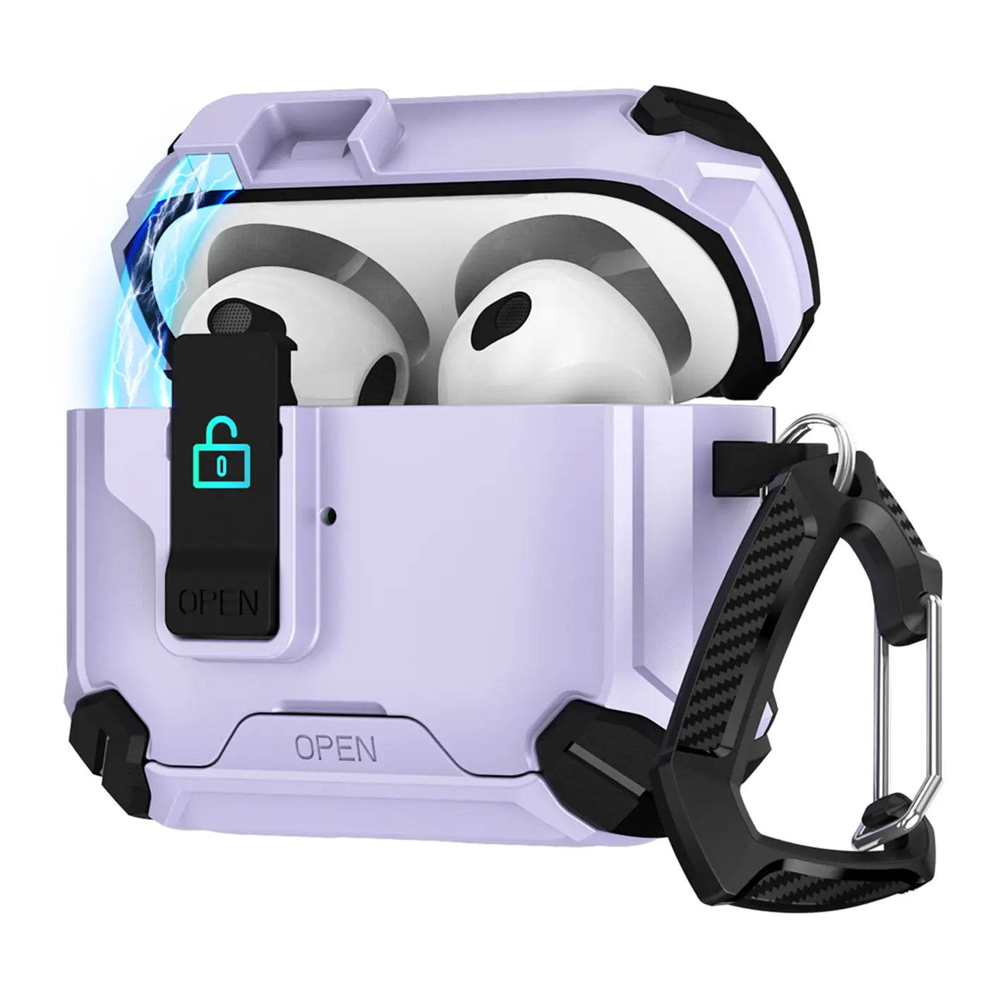 Violette, offene AirPods Defender Hülle mit Karabiner, schräg von vorne, weiße AirPods innen sichtbar.