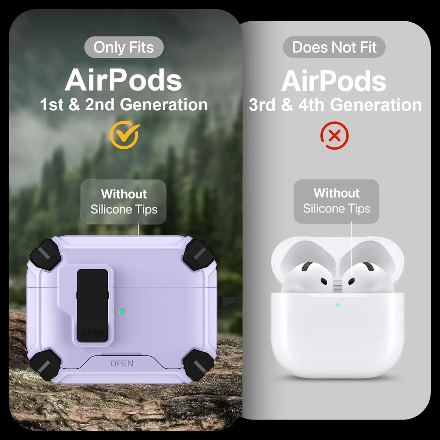 Lila/schwarze AirPods 1/2 Defender Hülle aus Kunststoff/Silikon, schräg von vorne, auf Felsen. Rechts: weiße AirPods 3/4.