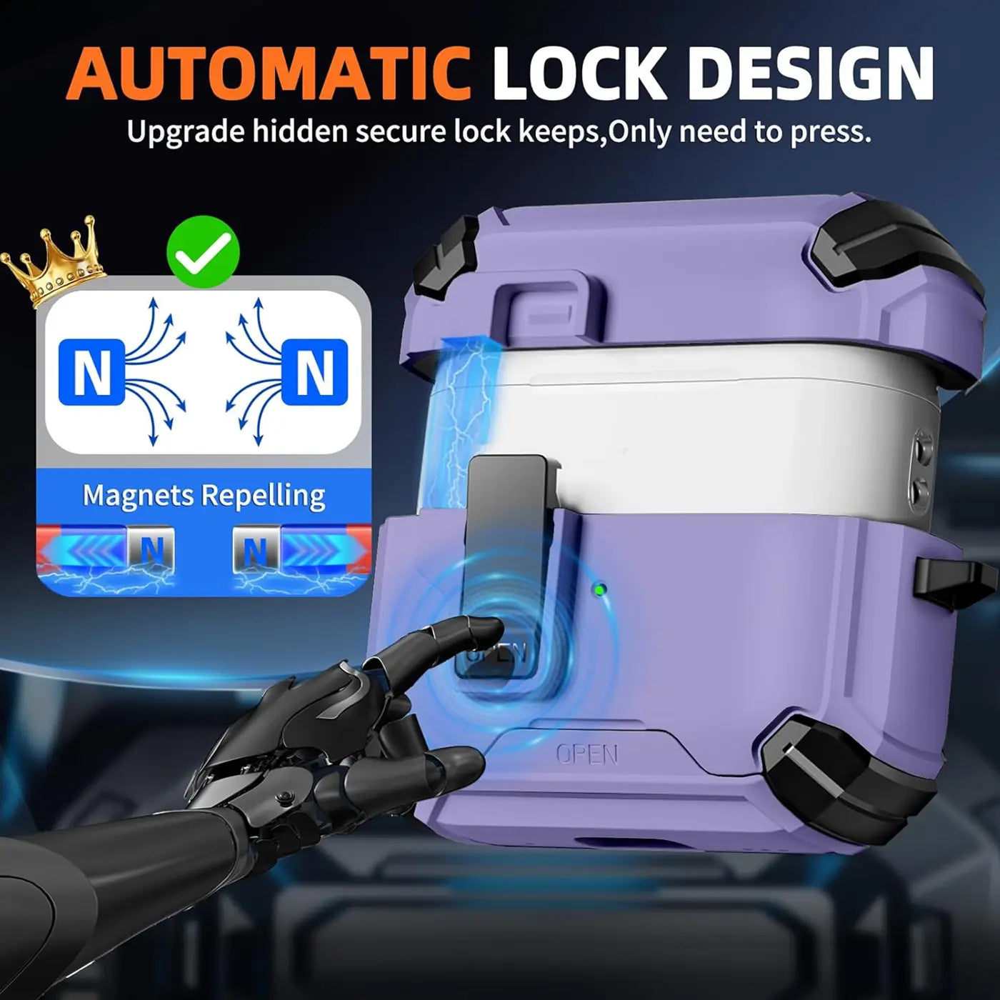 Lila AirPods Defender Hülle mit Karabiner, von vorne. Eine Roboterhand drückt den Verschluss.