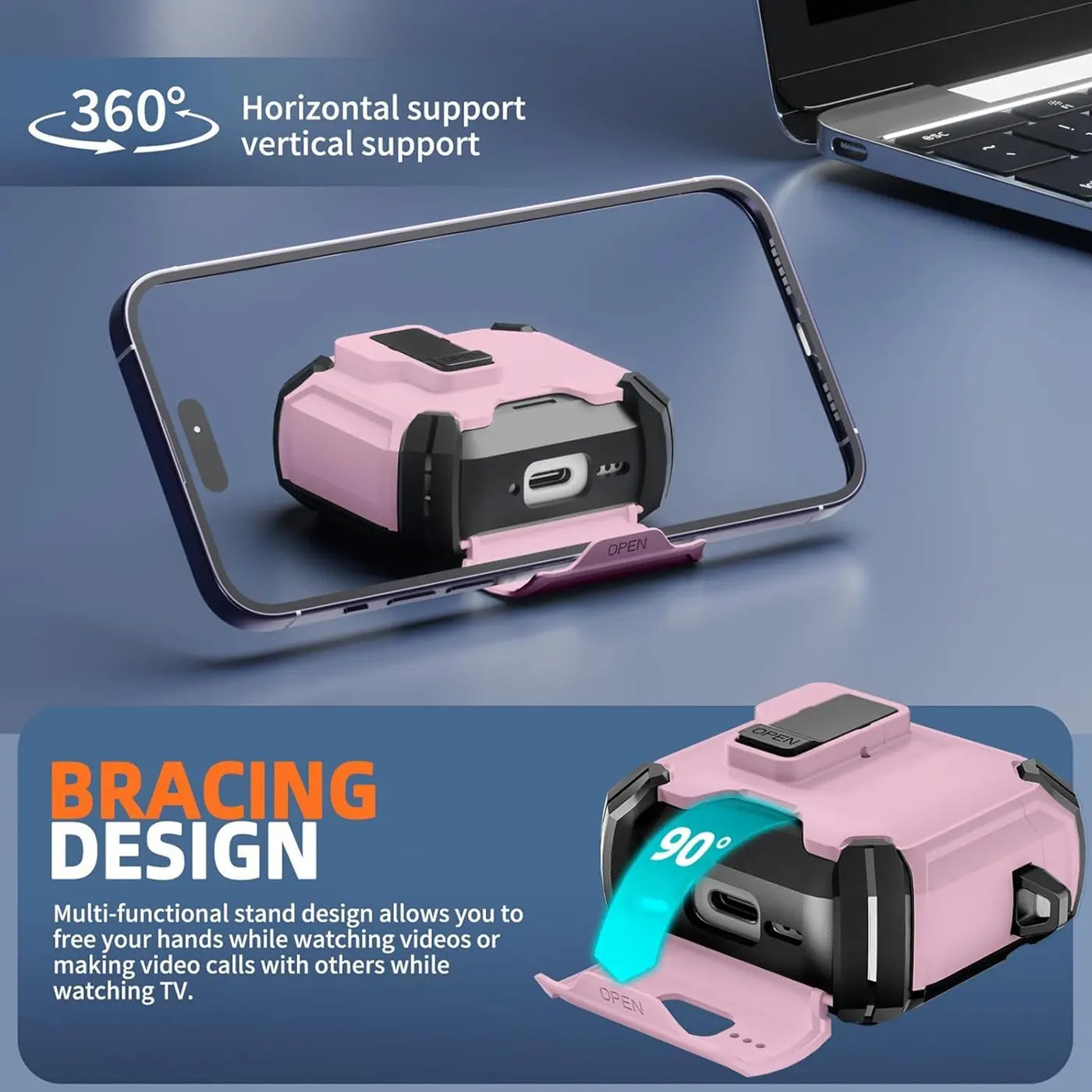 Rosa AirPods Defender Hülle aus Kunststoff mit Karabiner, als Handy-Ständer genutzt, schräg von oben.