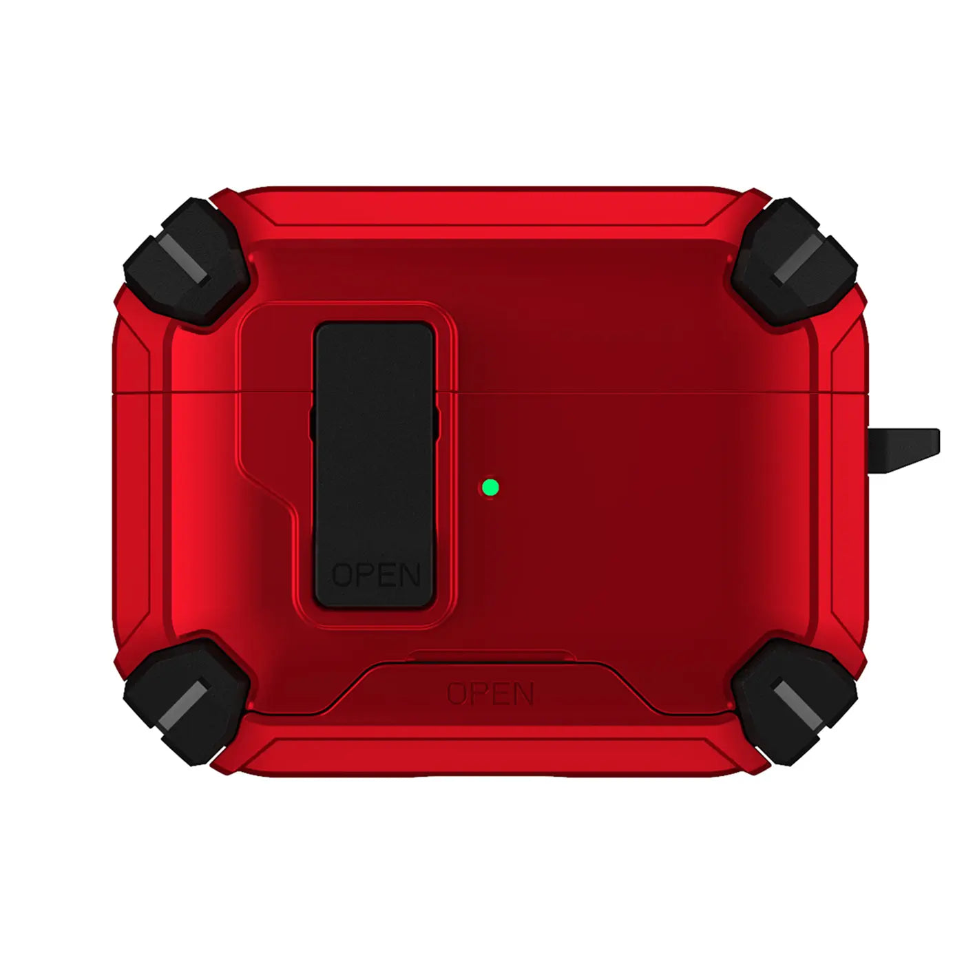 Rote, robuste AirPods 1/2 Defender Hülle aus Kunststoff mit schwarzen Akzenten, Karabineröse und "OPEN"-Schriftzug.