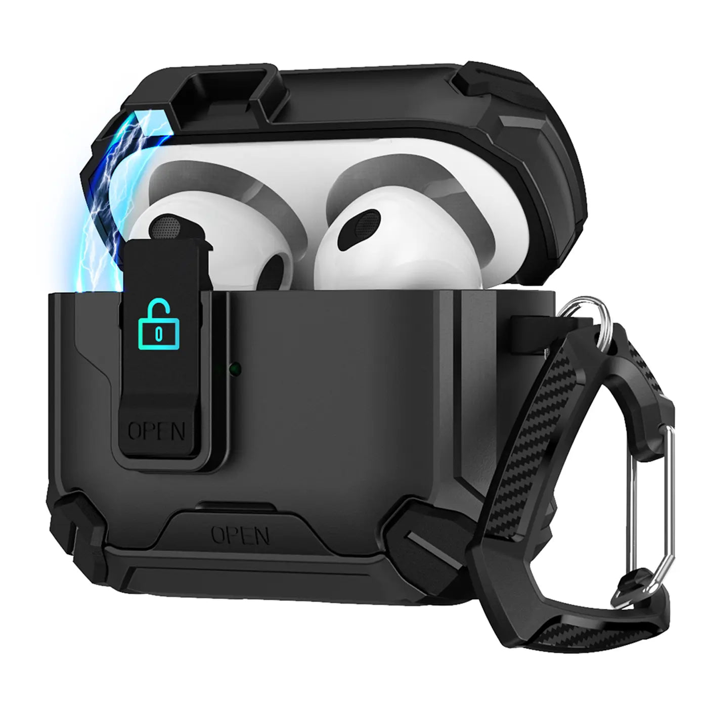 Schwarze, offene Defender-Hülle aus Kunststoff für AirPods 1/2 mit Karabiner, schräg von vorne. Blaue Lichteffekte.