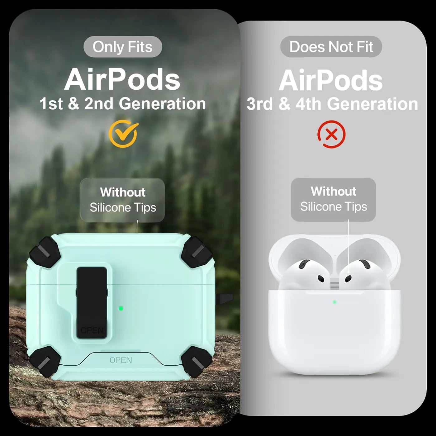 Mintgrüne AirPods 1/2 Defender Hülle mit Karabiner, von oben auf Felsen liegend. Rechts: weiße AirPods 3/4.