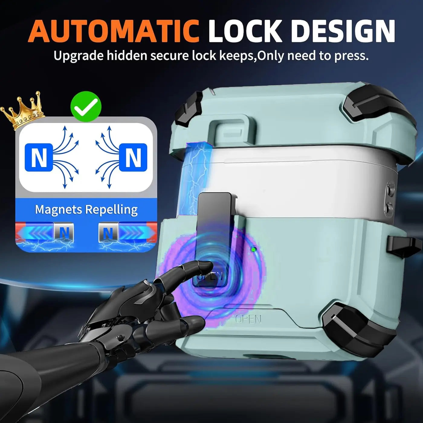 Mintgrüne AirPods 1/2 Defender Hülle aus Kunststoff mit Karabiner, von vorne, mit Roboterhand, die den Verschluss betätigt.