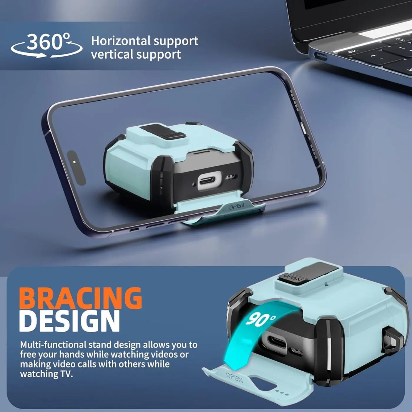 Türkise AirPods 1/2 Defender Hülle aus Kunststoff mit Karabiner, als Handy-Ständer genutzt, schräg von oben.