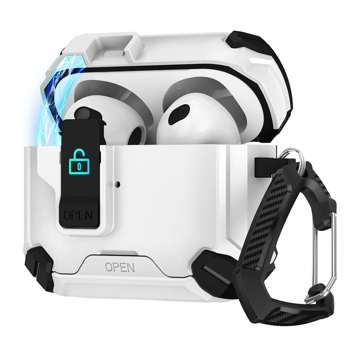 Weiße, offene AirPods 1/2 Defender Hülle aus Kunststoff mit schwarzen Akzenten und Karabiner, schräg von vorne.
