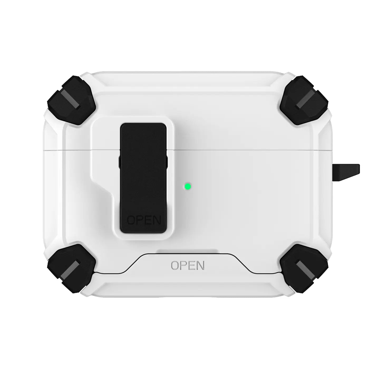 Weiße, robuste Kunststoff-Hülle für AirPods 1/2 von oben. Schwarze Akzente an Ecken und Verschluss. Grünes LED leuchtet.