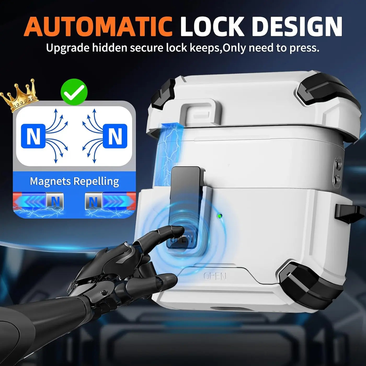 Weiße AirPods Defender Hülle mit Karabiner, von vorne. Eine Roboterhand drückt den Verschluss.