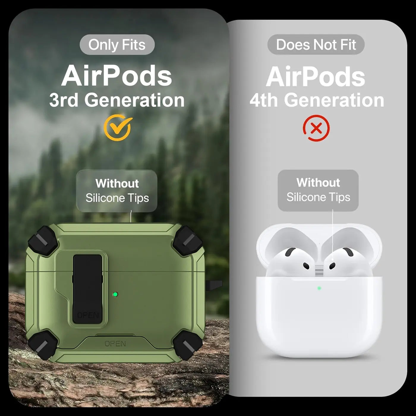 Grüne AirPods 3 Defender Hülle mit Karabiner, schräg von vorne, auf Felsen. Rechts: weiße AirPods 4 Hülle.