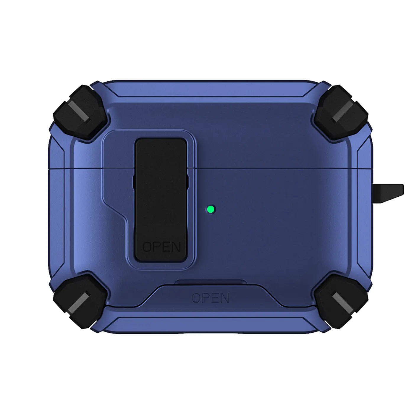 Dunkelblaue Defender Hülle aus Kunststoff für AirPods 3, mit schwarzem Verschluss und Karabineröse, von oben.