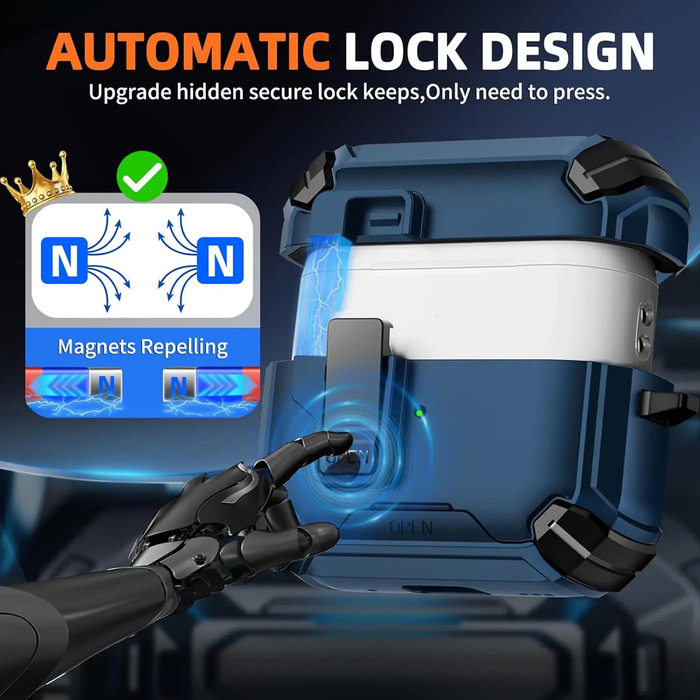 Blaue, robuste AirPods 3 Hülle aus Kunststoff mit weißem Inlay, von vorne. Eine Roboterhand drückt einen Knopf.