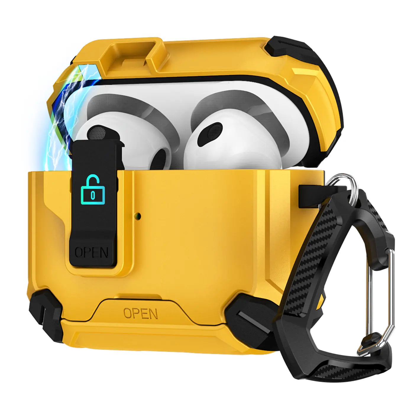 Gelbe Defender-Hülle für AirPods 3, offen, mit sichtbaren weißen AirPods und schwarzem Karabiner. Frontalansicht.