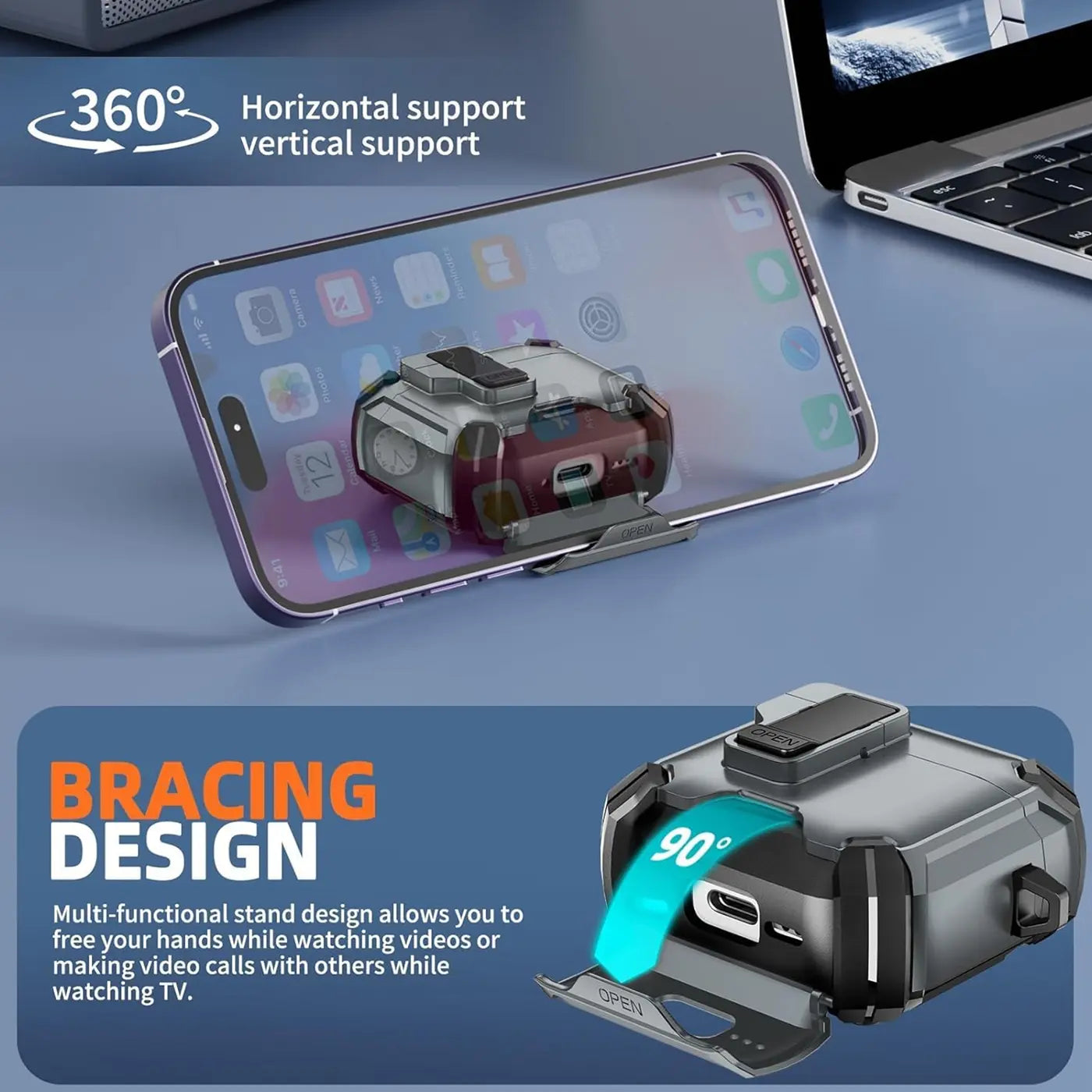 Graue/rote AirPods 3 Defender Hülle mit Karabiner, als Ständer für ein violettes iPhone genutzt, schräg von oben.