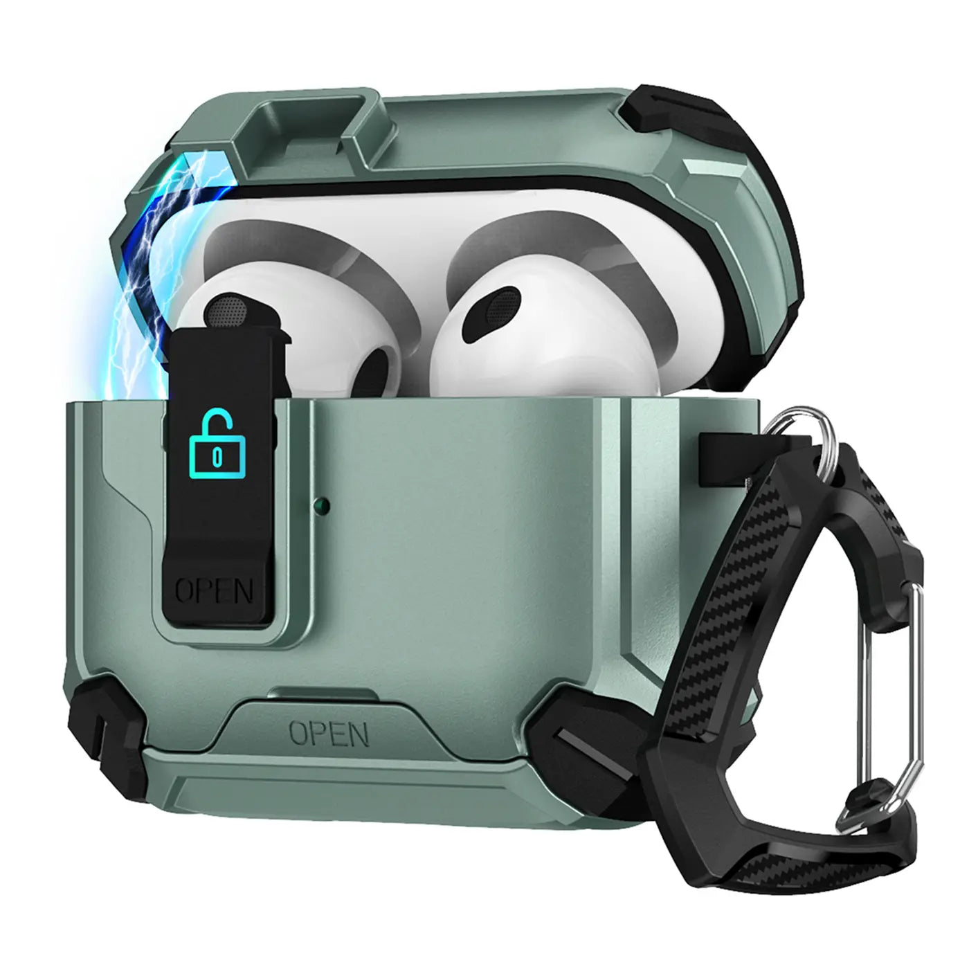 Offene AirPods 3 Defender Hülle in Mintgrün mit schwarzem Karabiner, leicht schräg von vorne.