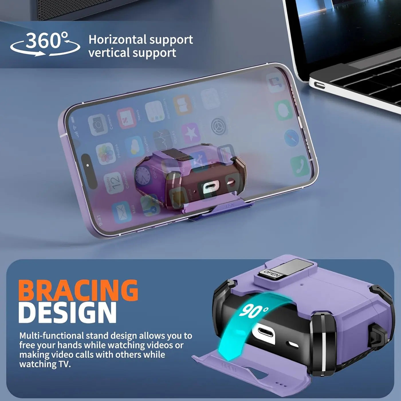 Lila AirPods 3 Defender Hülle mit Ständer aus Silikon und PC, von oben rechts auf ein Smartphone blickend.