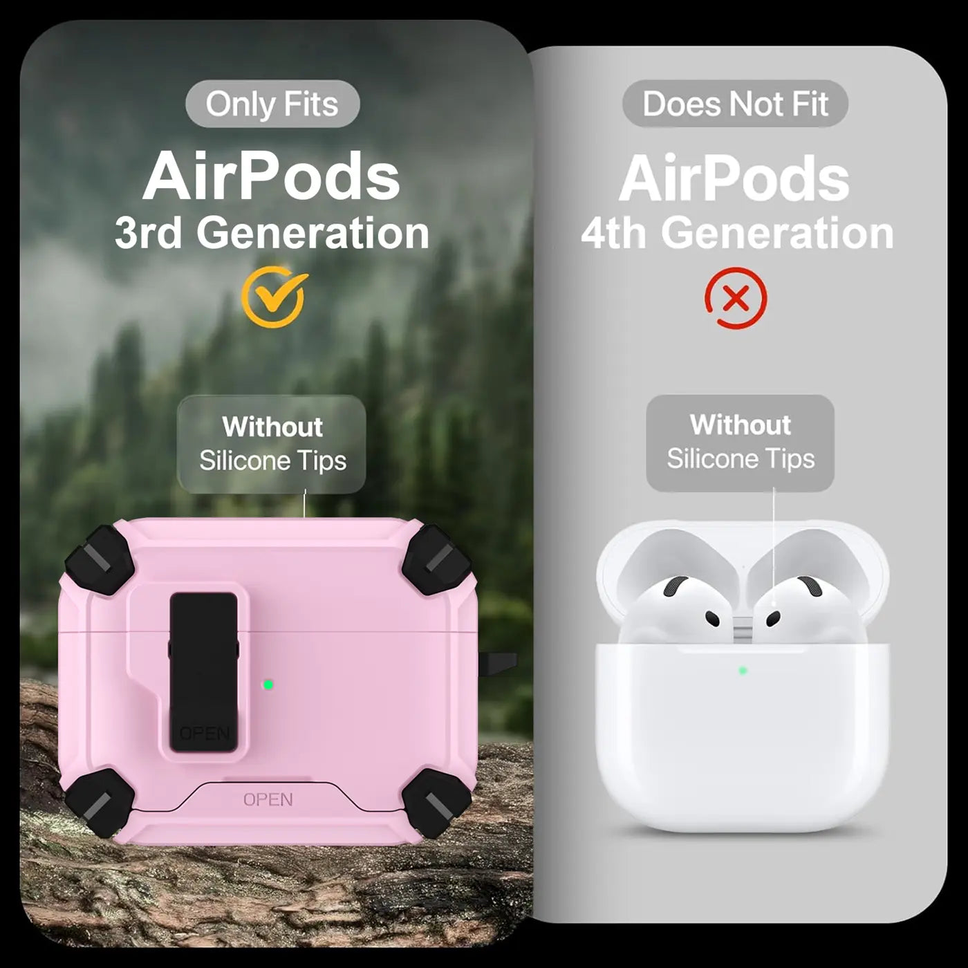 Rosa, schwarze Kunststoff-Defender-Hülle für AirPods 3, schräg von oben, auf Felsen; daneben weiße AirPods 4.