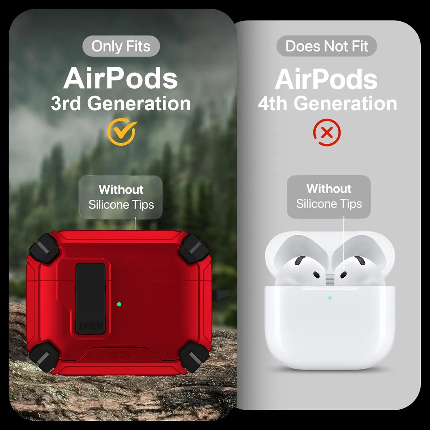 Rote, robuste AirPods 3 Defender Hülle mit schwarzen Akzenten, von vorne auf Felsen liegend. Rechts AirPods 4 Case.