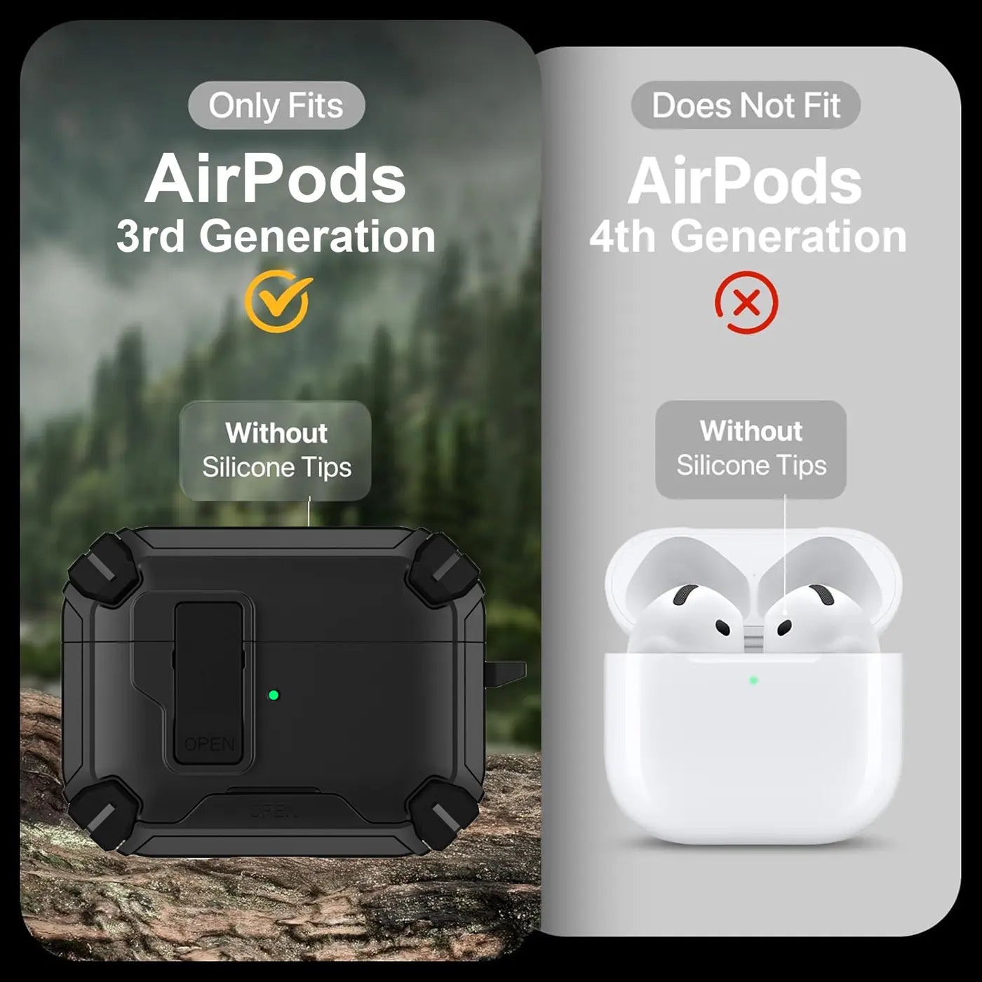 Schwarze, robuste AirPods 3 Defender Hülle aus Kunststoff, leicht geöffnet, mit Karabineröse, auf Felsen liegend.