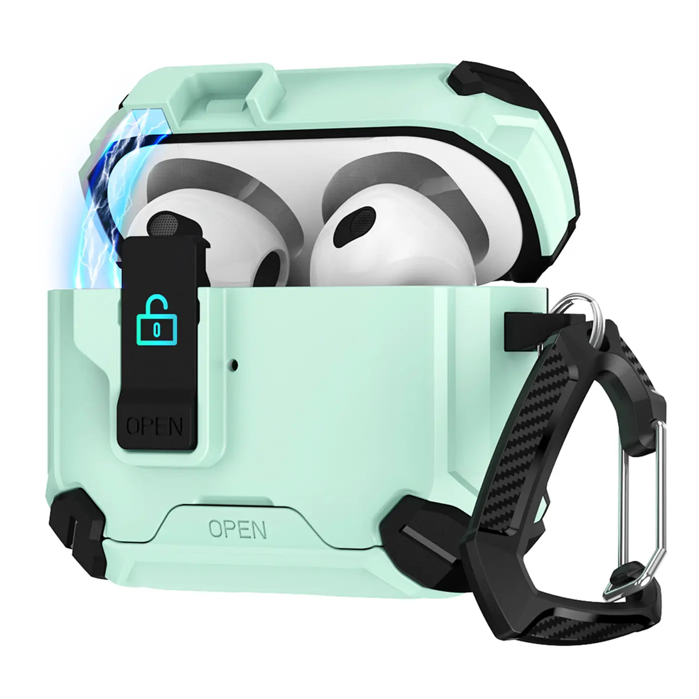 Mintgrüne Defender Hülle aus Silikon für AirPods 3, offen mit sichtbaren AirPods. Schwarzer Karabiner mit Carbon-Muster.