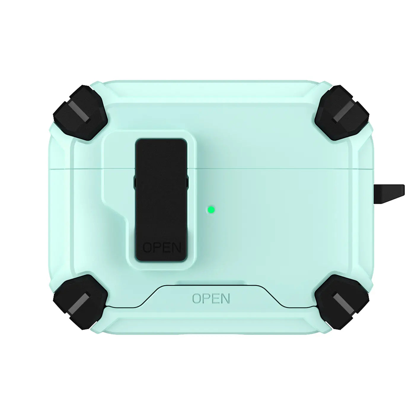 Mintgrüne Defender Hülle aus Kunststoff für AirPods 3, mit schwarzem Karabinerhaken und "OPEN" Schriftzug, von oben.