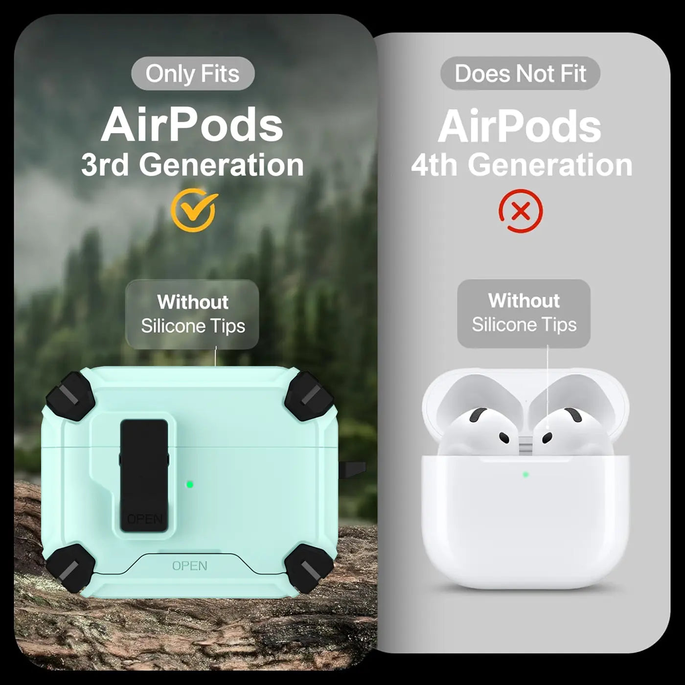 Mintgrüne Defender-Hülle für AirPods 3, mit Karabinerhalterung, von oben auf Felsen liegend. Rechts: weiße AirPods 4.