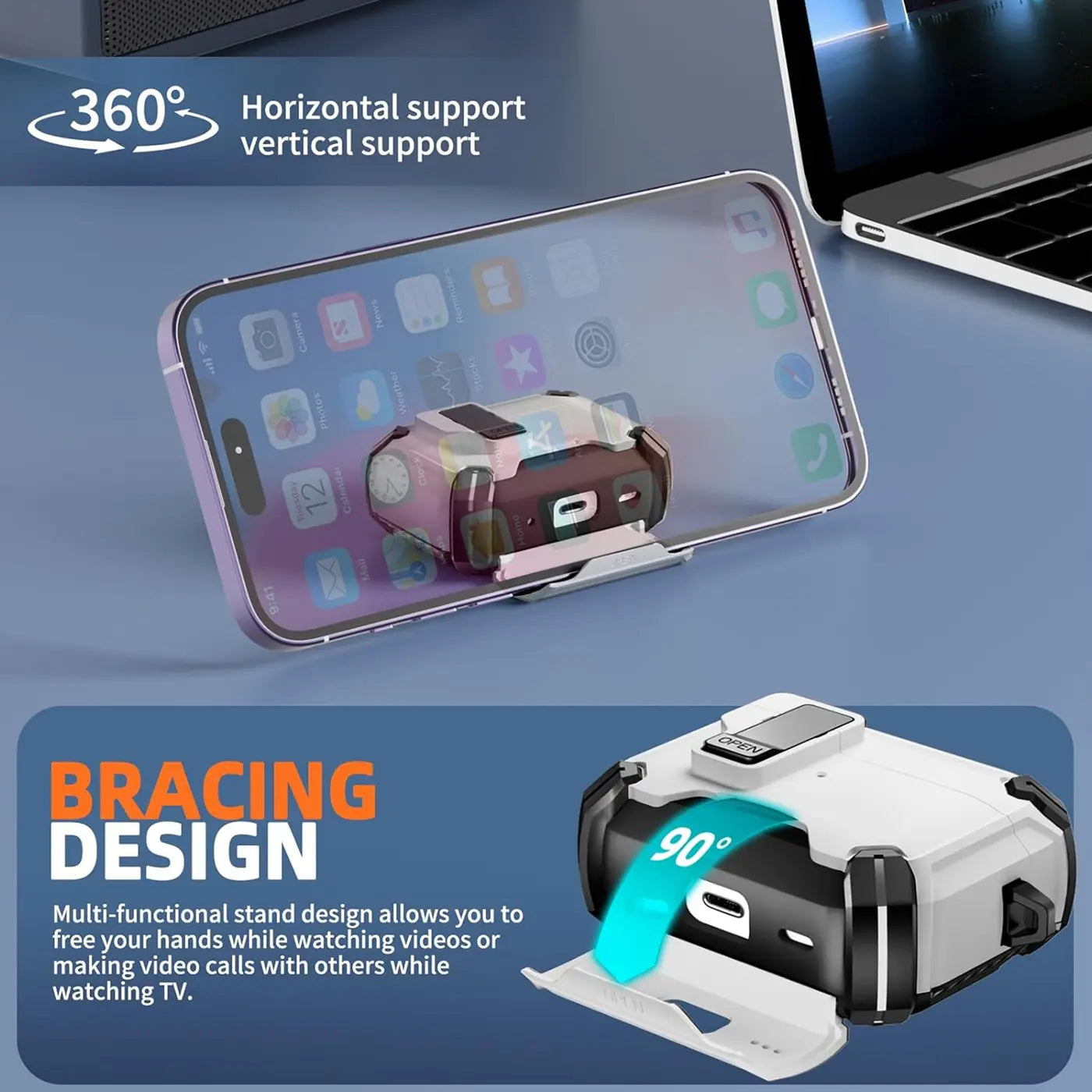 Weiße/schwarze AirPods 3 Defender Hülle mit ausgeklapptem Ständer hält ein iPhone 14 Pro Max horizontal.