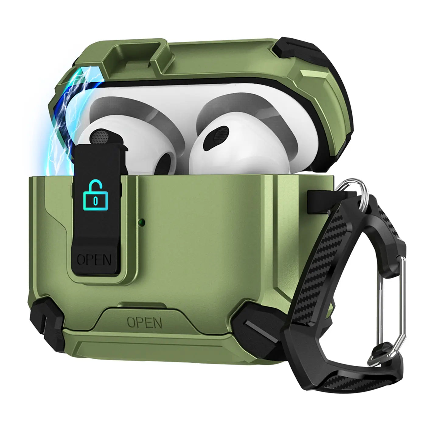 Grüne, robuste AirPods 4 Hülle aus Kunststoff mit offenem Deckel, weißen AirPods und schwarzem Karabiner, schräg von vorne.