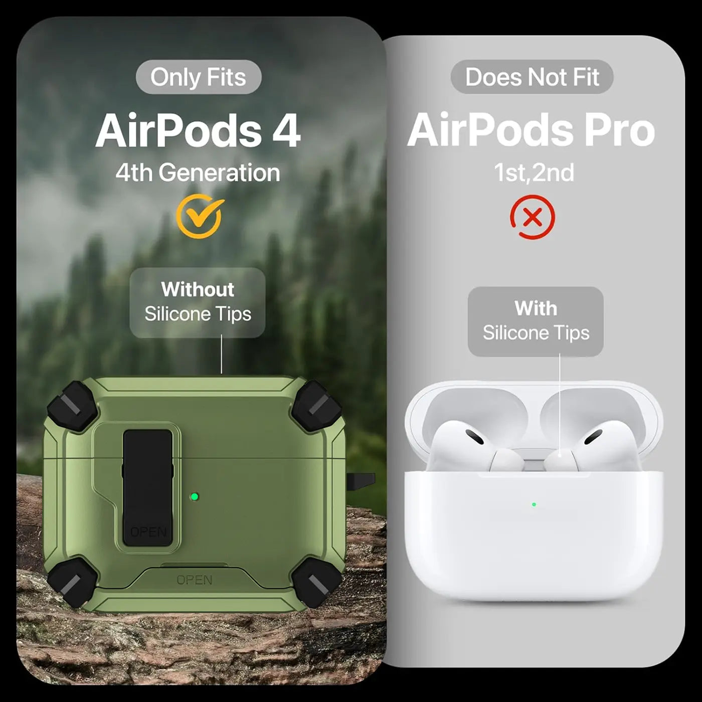 Olivgrüne AirPods 4 Defender Hülle aus Kunststoff mit Karabiner, schräg von oben auf Holz liegend.