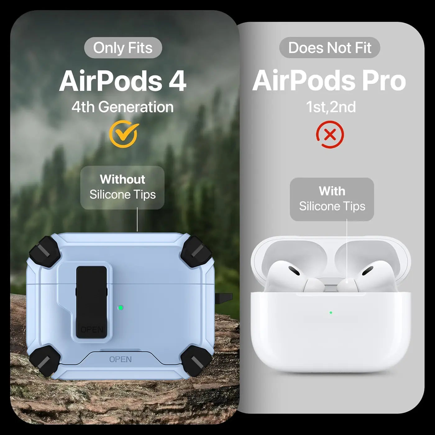 Hellblaue AirPods 4 Defender Hülle aus Kunststoff mit Karabiner, von vorne auf Holz liegend. Daneben weiße AirPods Pro.