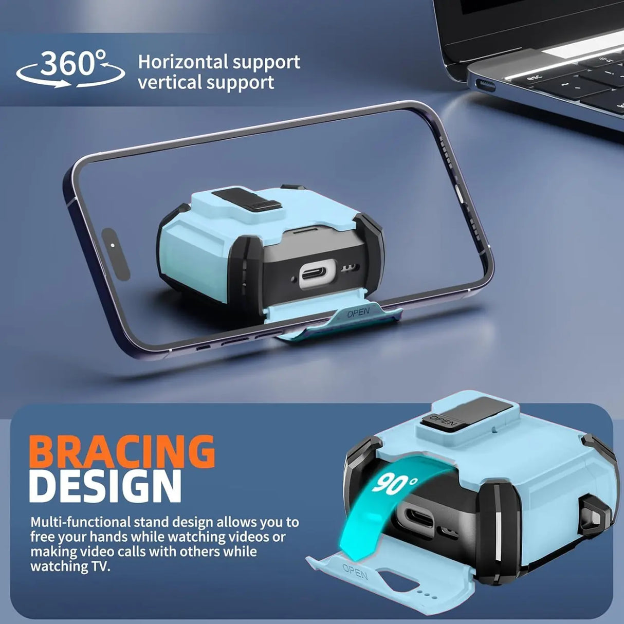 Schutzhülle für AirPods 4 mit stoßfestem Gehäuse, Karabiner und Standfunktion - ideal für Alltag und unterwegs